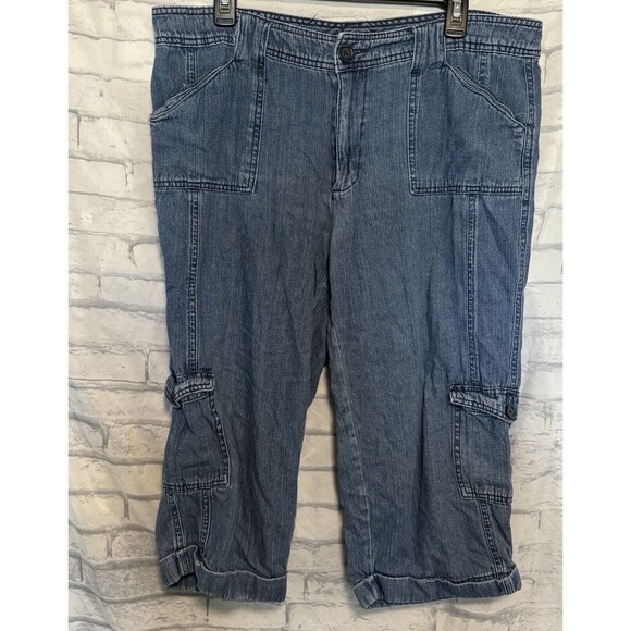 Living Planet Capris Women 16 Blue Denim Crop Cargo Pockets Button Zip Cuffed - Picture 1 of 13